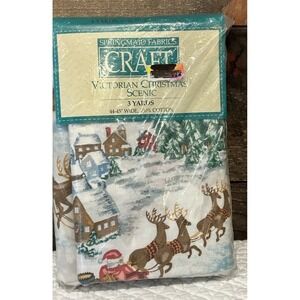 Vintage Springmaid Craft Fabric Victorian Christmas Scene Reindeer 3 Yard Cotton